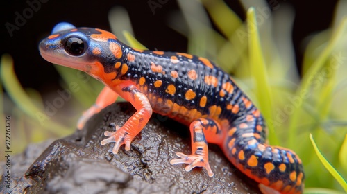 A vibrant orange and black spotted salamander perched on a log amidst lush green grass.