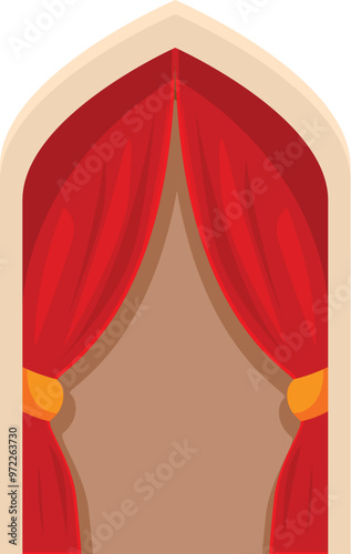 Red curtains are partially covering an arched window, adding a touch of elegance and drama to the room