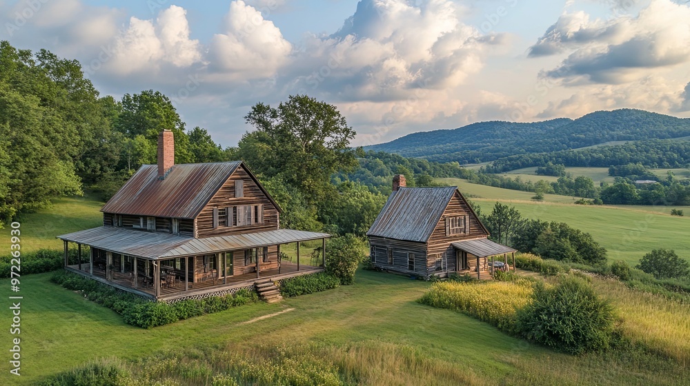 Two Rustic Wooden Houses on a Hillside with a View of Rolling Green Hills Two Rustic Wooden Houses on a Hillside with a View of Rolling Green Hills