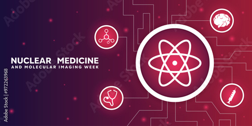 Nuclear Medicine and Molecular Imaging Week. Icon science, stethoscope, syringe, cell and brain . Great for cards, banners, posters, social media and more. Red and dark blue background.