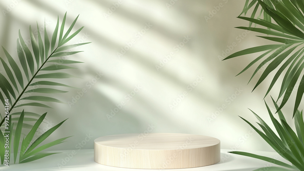 A minimalist display with a circular wooden platform surrounded by tropical leaves in soft light