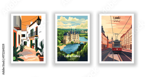 LLagostera, Spain. Łódź, Poland. Loire Valley, France - Vintage travel poster. Vector illustration. High quality prints