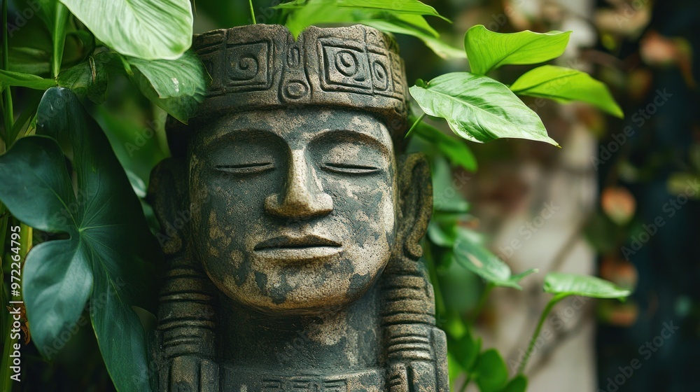 A serene stone statue surrounded by lush green leaves, evoking tranquility and nature's beauty. A serene stone statue surrounded by lush green leaves, evoking tranquility and nature's beauty.