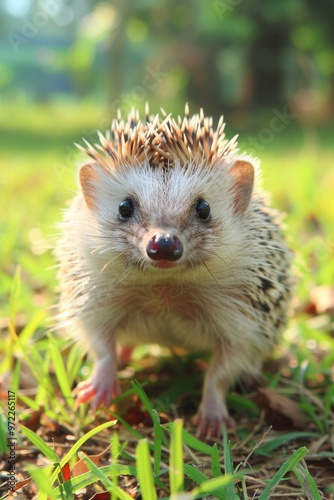 Close-up of a curious hedgehog exploring a vibrant green garden, showcasing its distinctive spines and adorable facial features.