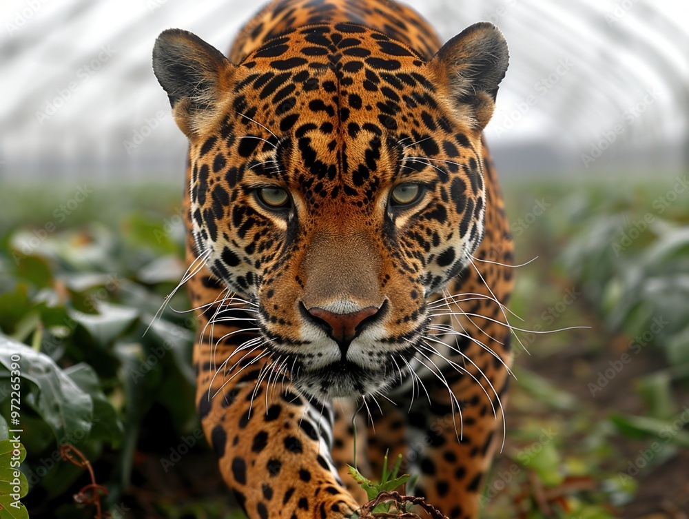 Close-up of a majestic jaguar strolling through lush greenery, showcasing its striking coat and powerful presence. Close-up of a majestic jaguar strolling through lush greenery, showcasing its striking coat and powerful presence.