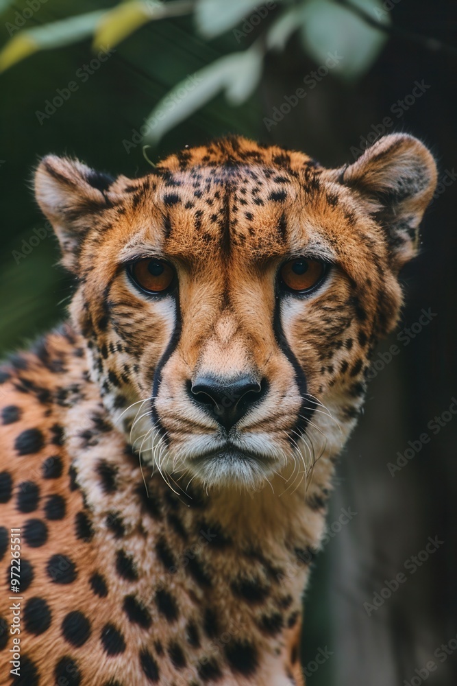 Obraz premium Close-up portrait of a majestic leopard displaying its striking spots and intense gaze in a lush green environment.
