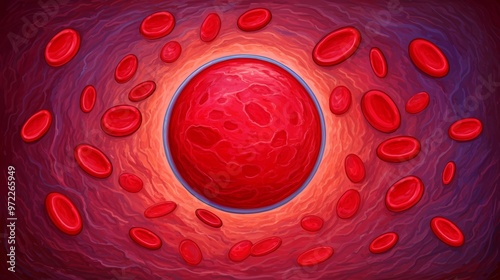 A Large Red Blood Cell Surrounded by Smaller Blood Cells photo