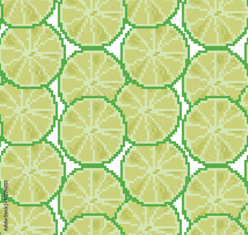 Seamless pattern of pixelated round lime slices in vector. Perfect for tropical designs, packaging, textiles and creative digital projects.