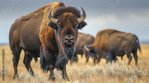 Majestic bison standing in a vast meadow, showcasing its impressive mane and powerful presence in the wild.