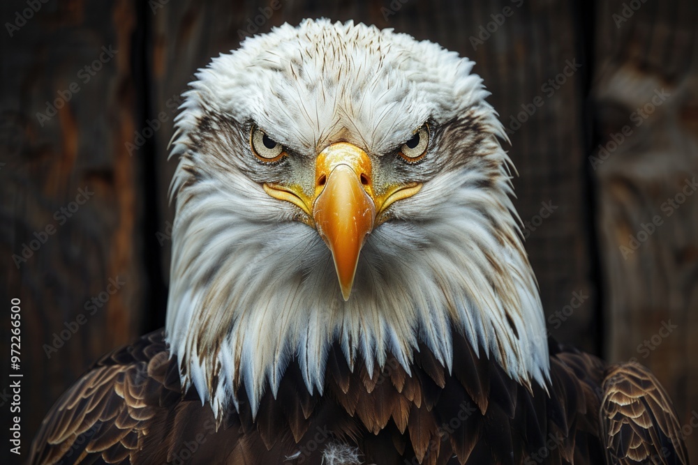 Obraz premium Majestic close-up portrait of a fierce eagle, showcasing its sharp beak and intense gaze, symbolizing strength and freedom in nature.