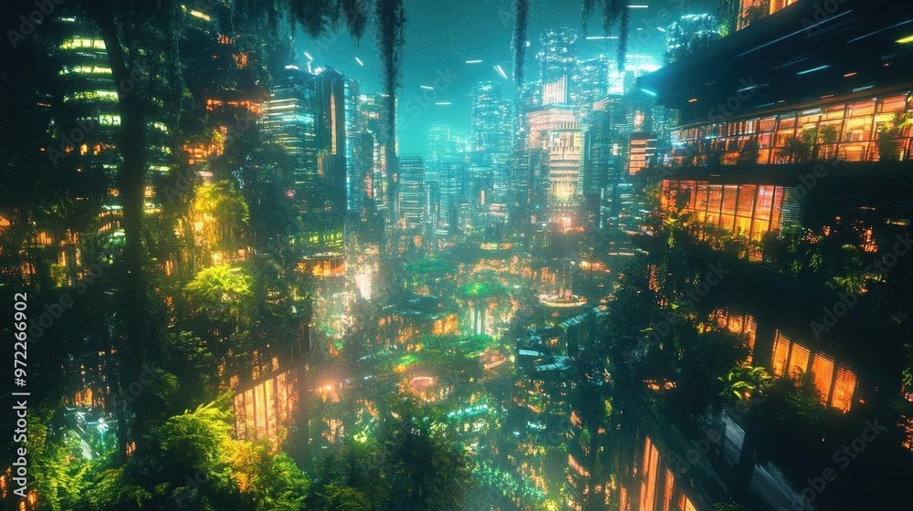 An aerial view of a futuristic city at night, with glowing skyscrapers and lush greenery. An aerial view of a futuristic city at night, with glowing skyscrapers and lush greenery.