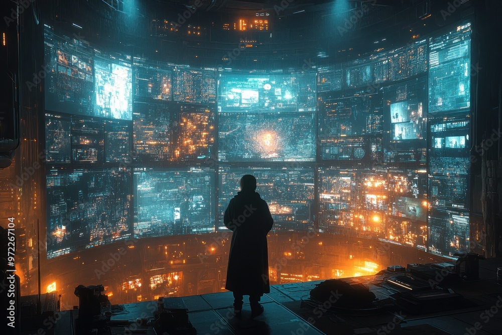 A figure stands before a wall of screens displaying data. A figure stands before a wall of screens displaying data.