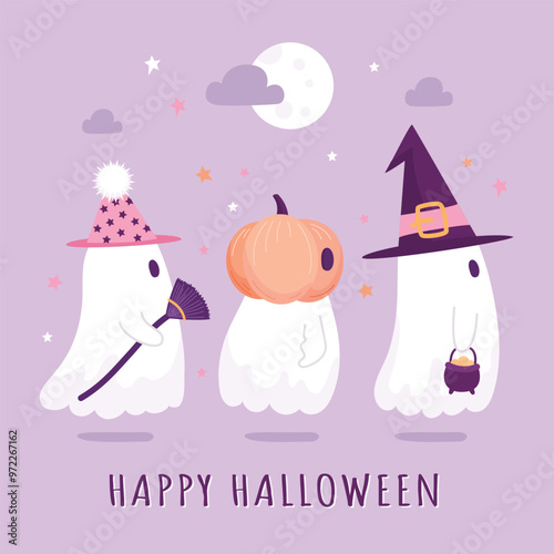 A Halloween poster with three ghosts, pumpkins, a broom, and the moon on a pink background