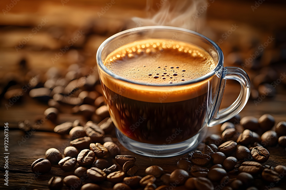 Aromatic Coffee in a Clear Mug Surrounded by Roasted Beans Aromatic Coffee in a Clear Mug Surrounded by Roasted Beans