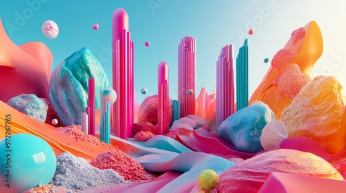 A colorful abstract landscape with floating objects and geometric shapes.