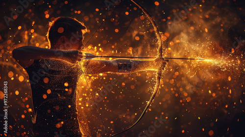 Archer focusing on the target amid swirling sparks during a twilight archery session in a forest clearing