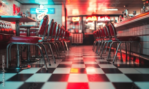 Classic plastic chairs in a retro diner, checkered floor and neon signs, chairs lined up along the counter, bright artificial lighting.