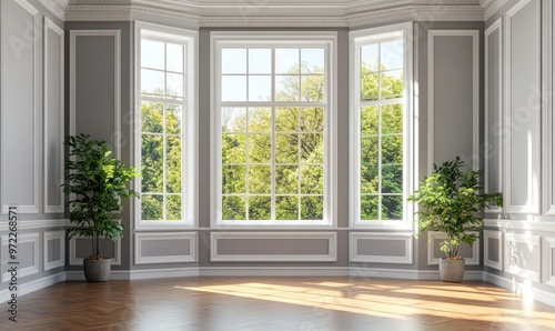 Classical room interior, wooden floors and gray walls, white moulding and window with nature view, bright natural light.