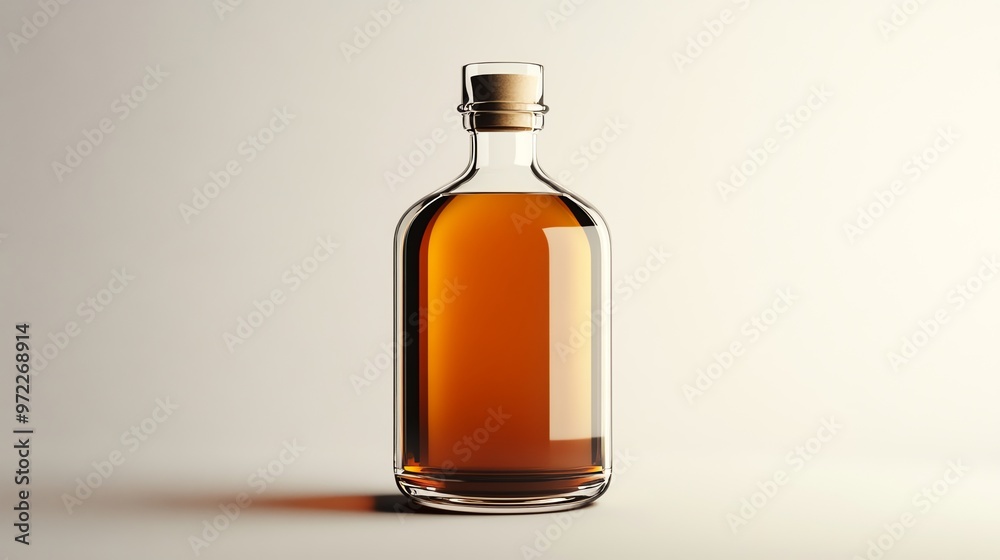 A glass bottle with a cork top, filled with a brown liquid, stands against a white background.
