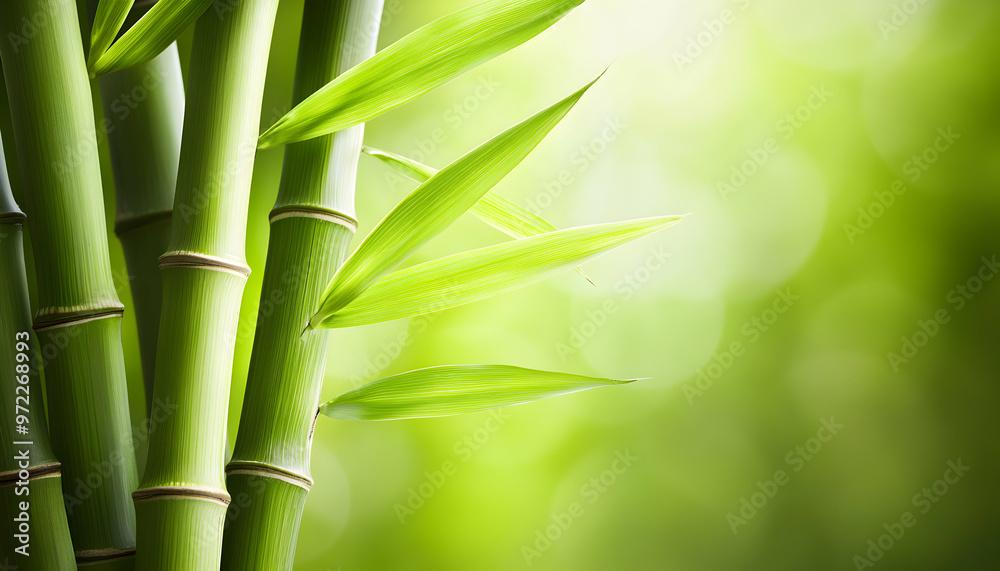 Close-up of green bamboo stalks with leaves against a blurred green background. Close-up of green bamboo stalks with leaves against a blurred green background.