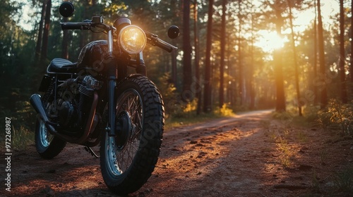 At dusk, a black vintage custom motorcycle caferacer stands in a woodland road.
 photo