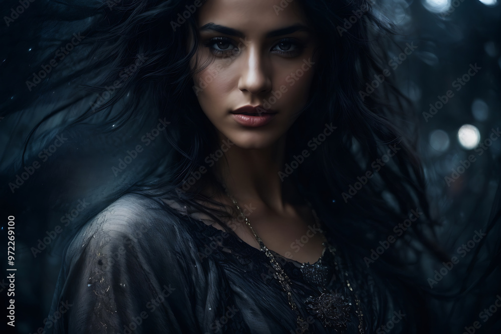Woman With Long Hair Standing in the Rain. Generative AI. Woman With Long Hair Standing in the Rain. Generative AI.