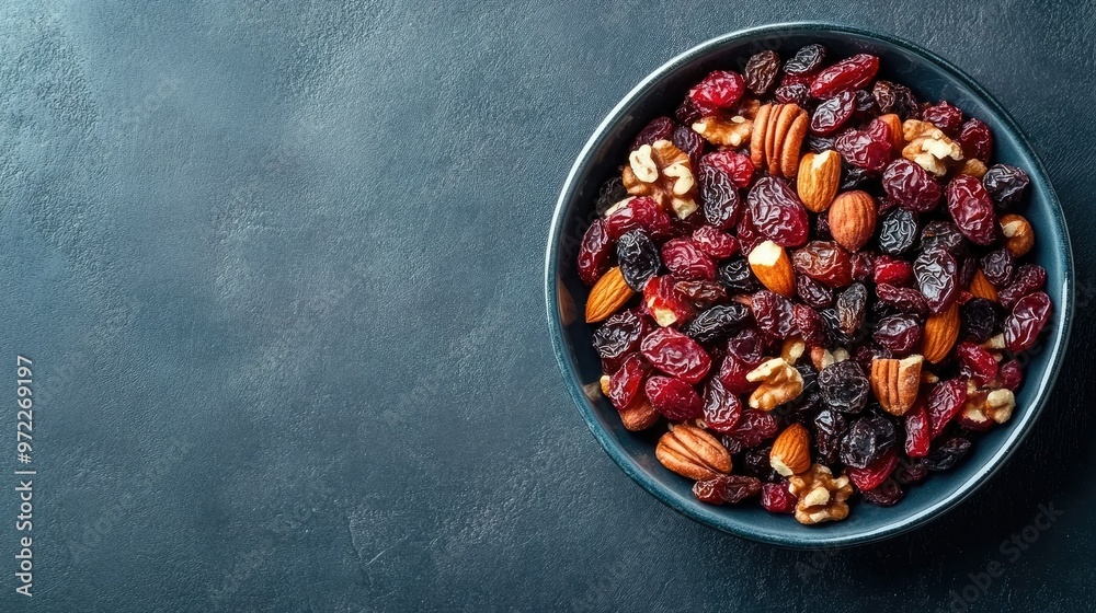 Dried cranberries, raisins, and nuts in a dish, top view with copy space around the edges. Dried cranberries, raisins, and nuts in a dish, top view with copy space around the edges.