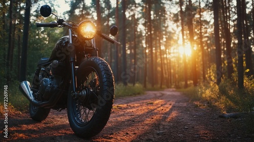 At dusk, a black vintage custom motorcycle caferacer stands in a woodland road.
 photo