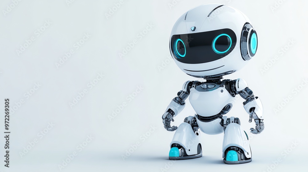 Friendly white robot with blue eyes isolated on white background. Friendly white robot with blue eyes isolated on white background.