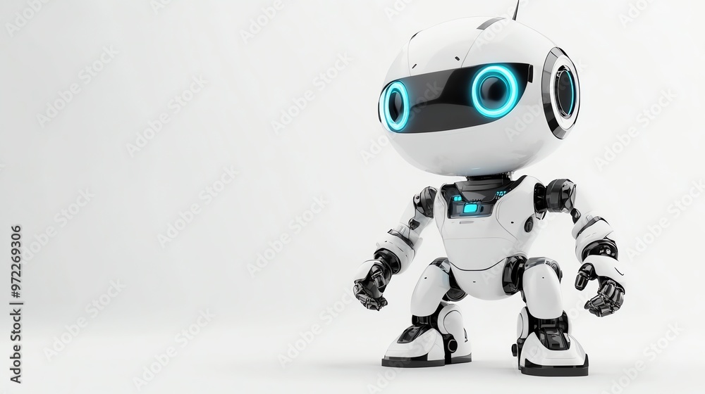 White robot with blue glowing eyes stands on a white background. White robot with blue glowing eyes stands on a white background.