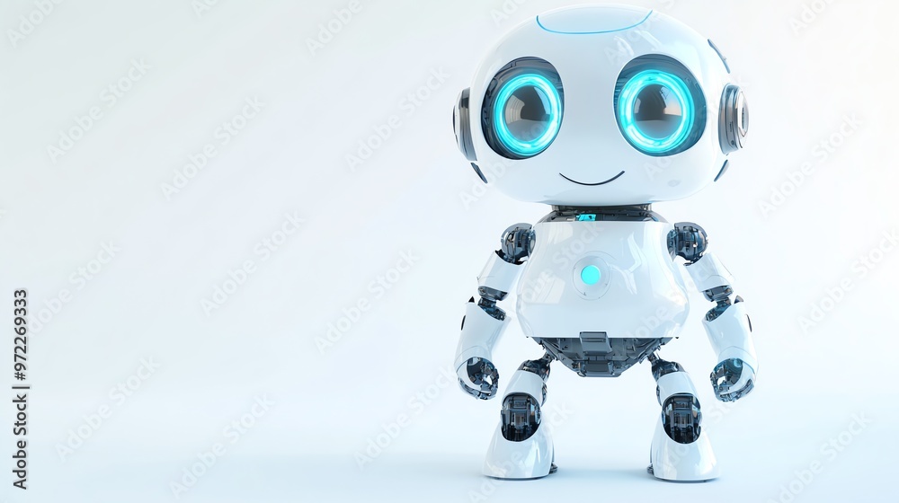 A friendly white robot with blue eyes stands on a white background. A friendly white robot with blue eyes stands on a white background.