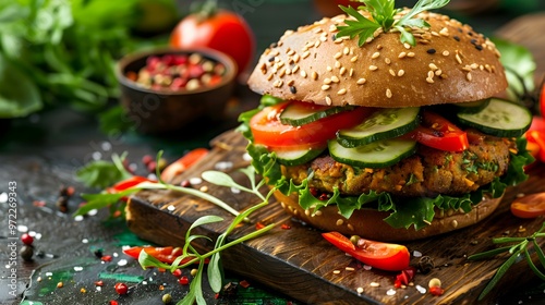 Delicious Vegetarian Burger with Fresh Vegetables photo