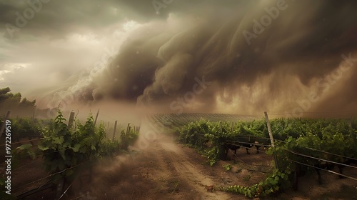 Dramatic Dust Storm Over Vineyard Landscape