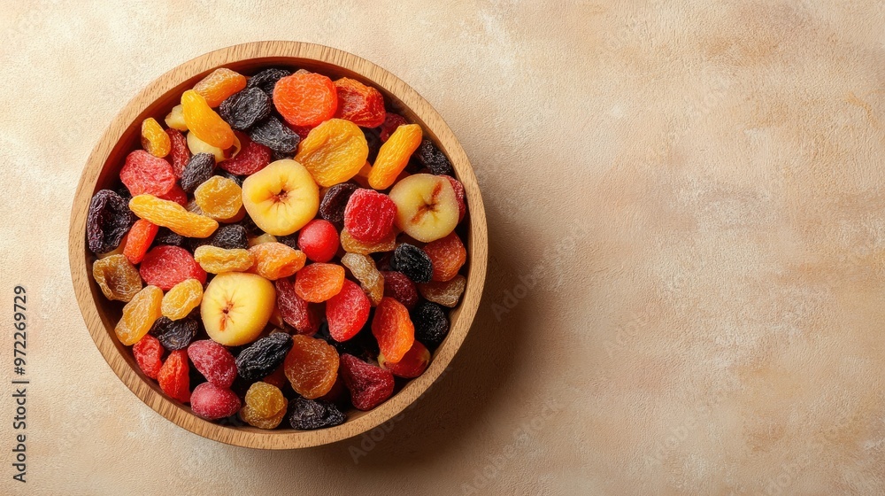 Dried fruit medley in a wooden bowl on a beige background, top view, space for copy. Dried fruit medley in a wooden bowl on a beige background, top view, space for copy.