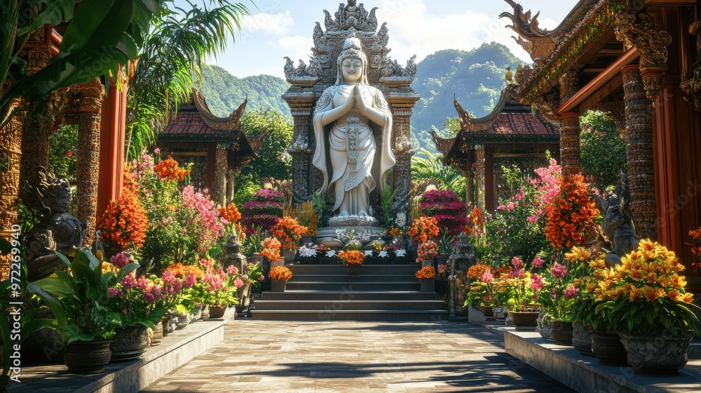 A grand Taowesuwan statue surrounded by an abundance of flowers and intricate A grand Taowesuwan statue surrounded by an abundance of flowers and intricate