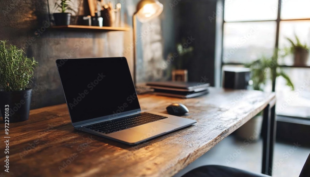 Laptop on a wooden table near a window with a plant in the foreground. Laptop on a wooden table near a window with a plant in the foreground.