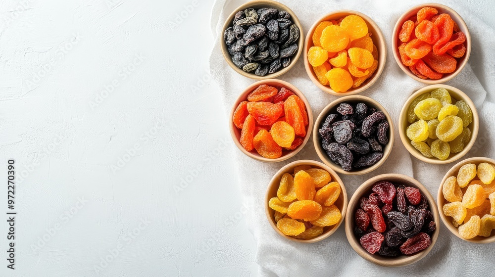 Dried fruits in small bowls arranged on a white cloth, top view, with plenty of copy space. Dried fruits in small bowls arranged on a white cloth, top view, with plenty of copy space.