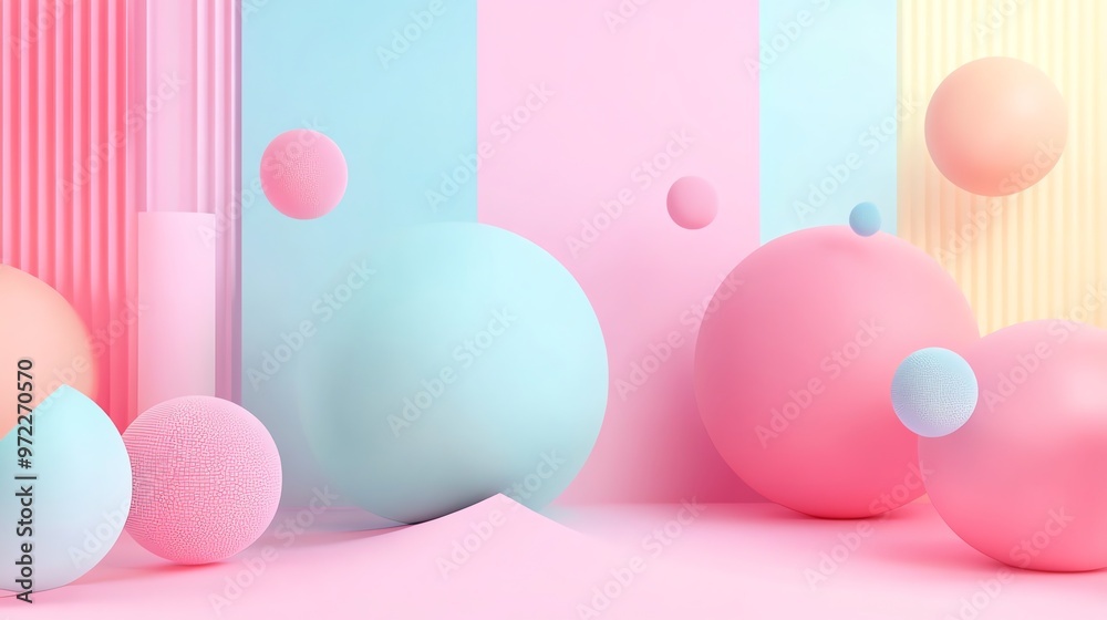Pastel colored spheres and geometric shapes on a pink background. Pastel colored spheres and geometric shapes on a pink background.
