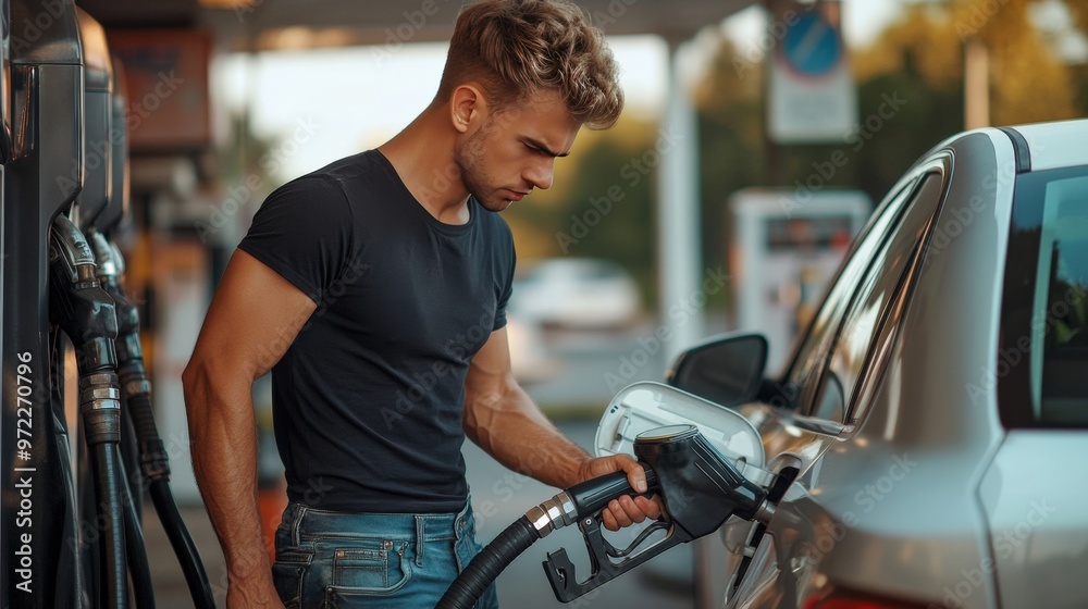 A young man refuels his vehicle at a gas station, focused on the task in a vibrant evening light. A young man refuels his vehicle at a gas station, focused on the task in a vibrant evening light.
