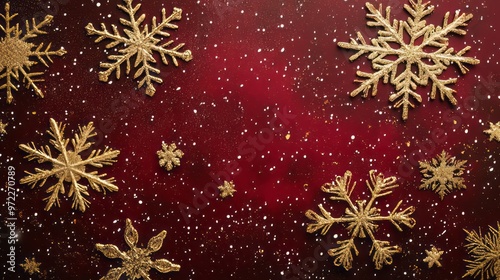 Christmas red background with gold snowflakes