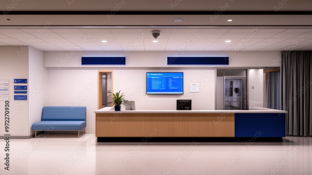 Modern hospital reception area with sleek design, large monitor, and comfortable seating for visitors and patients. Modern hospital reception area with sleek design, large monitor, and comfortable seating for visitors and patients.