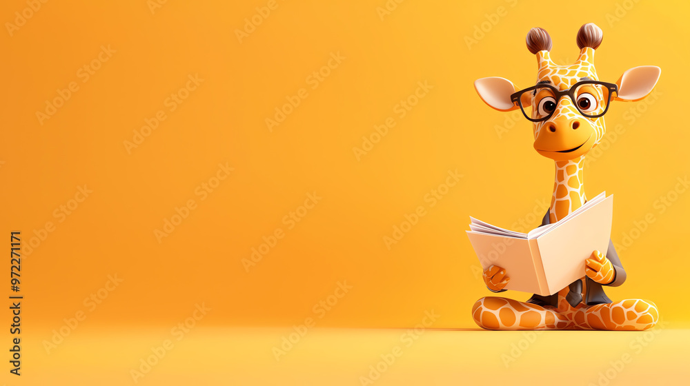 Obraz premium A cheerful giraffe wearing glasses reads a book, set against a vibrant orange background, perfect for education and fun.