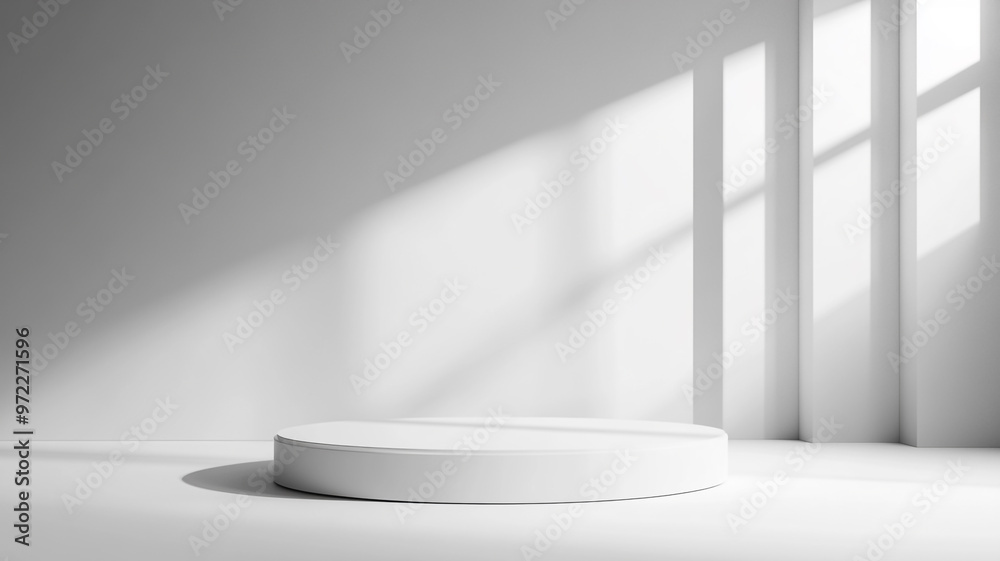 Minimalist circular platform in a bright room with sunlight streaming through windows Minimalist circular platform in a bright room with sunlight streaming through windows
