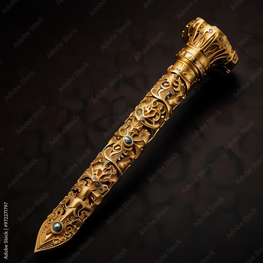 a gold sword with a blue stone on the front. a gold sword with a blue stone on the front.