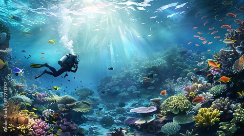 Wallpaper Mural Stunning Underwater Scene with Diver and Colorful Coral Reef Torontodigital.ca