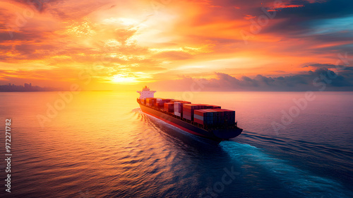 large cargo ship sails smoothly across a calm ocean, silhouetted against a stunning sunset