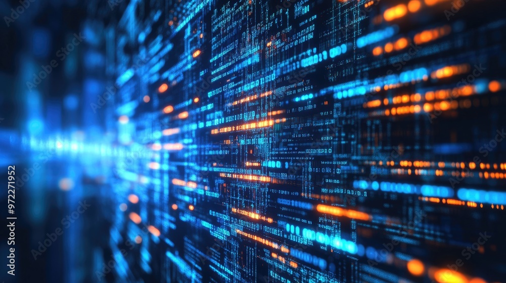 Abstract digital background with blue and orange glowing lines representing data flow and binary code. Abstract digital background with blue and orange glowing lines representing data flow and binary code.