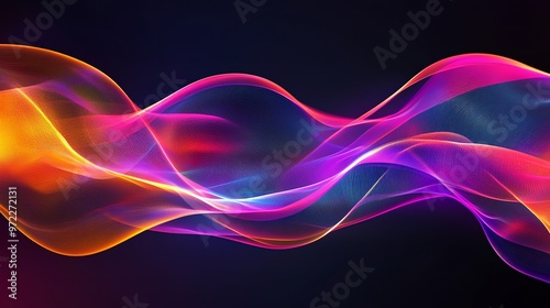 A vibrant, abstract background of flowing neon lines and waves in pink, orange, and blue colors.
