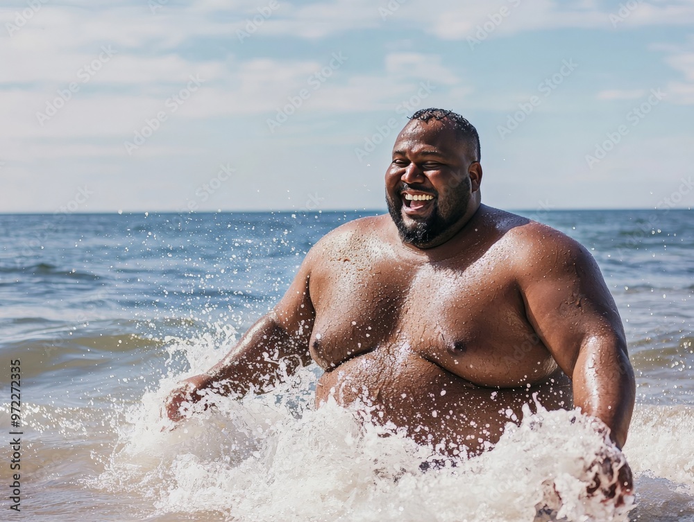 A plus-sized man enjoying a relaxing day at the beach, with a wide smile as he splashes in the waves A plus-sized man enjoying a relaxing day at the beach, with a wide smile as he splashes in the waves