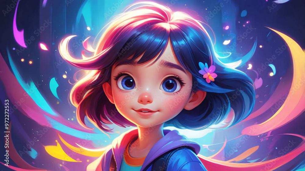 A cheerful girl with dark hair enjoys a vibrant, colorful background, capturing happiness and youthful exuberance.